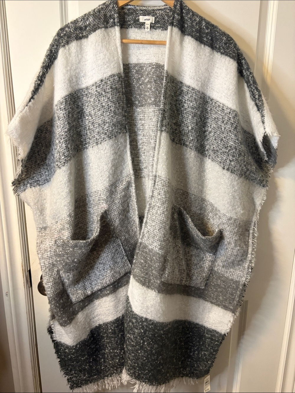 aerie Gray & White Striped Open Poncho with Pockets